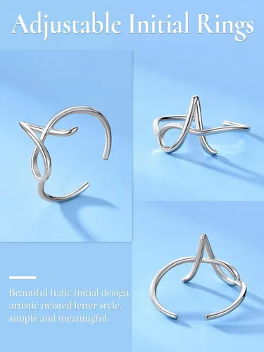 Vista 5 de SILVERCUTE Anillos con iniciales S925, tamaño ajustable 6-12, letra del alfabeto A-Z, joyería personalizada con iniciales trenzadas, anillos