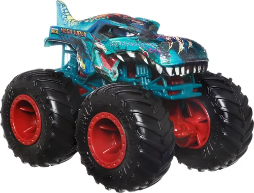 Vista 3 de Hot Wheels Monster Trucks - Juego de 4 juguetes, paquete de 4 vehículos Fang Frenzy a escala 1:64, ruedas gigantes, personajes favoritos