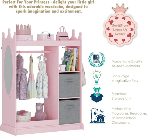 Vista 5 de UTEX Armario guardarropa para niños con espejo y contenedor de almacenamiento, rosa, 33.4 pulgadas de ancho x 15.75 pulgadas de profundidad x 44.5