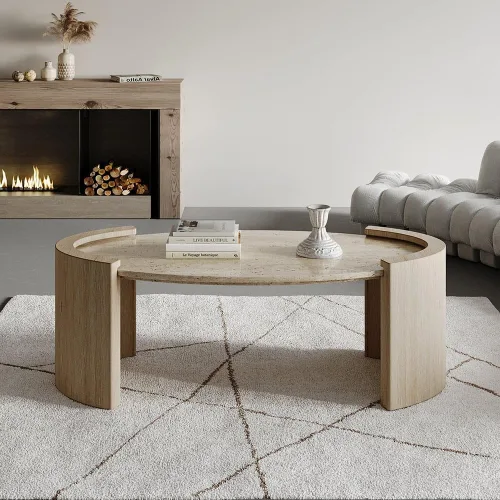 Vista 8 de homary Mesa de Centro Ovalada Japandi de 43 pulgadas con Superficie de Piedra Travertina – Mesa de Centro Ovalada de Doble Pedestal con Superficie