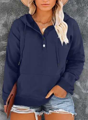 Vista 2 de Eytino Sudadera con capucha de talla grande para mujer, manga larga, cuello de botón, con cordón y bolsillos (1X-5X)