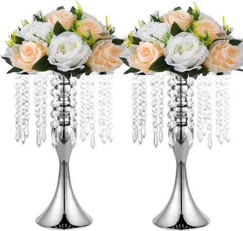 Vista 16 de Centros de mesa de boda para mesas, 21.3 pulgadas, 2 jarrones de metal dorado con cristal Soporte de flores para centros de mesa de boda