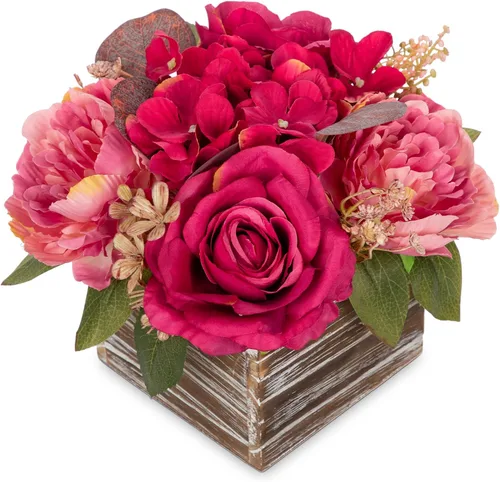 Vista 15 de DILATATA Arreglo floral con jarrón de madera, flores artificiales de 10 pulgadas en maceta, flores falsas en jarrón rectangular de madera blanco