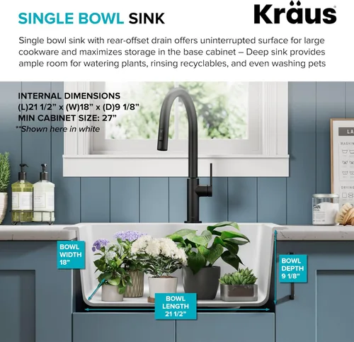Vista 3 de KRAUS Quarza - Fregadero de cocina de granito de instalación empotrada/sobre encimera de un solo seno, 25 pulgadas, color negro, KGD-441BLACK