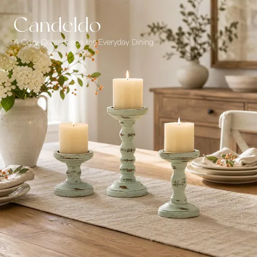 Vista 6 de Candeldo Portavelas de madera para pilar, decoración de granja verde salvia