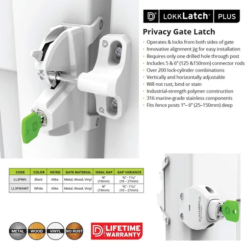 Vista 3 de D&D Technologies LL3PWAWT LokkLatch Plus, pestillo de gravedad para puerta de privacidad, llave con cerradura en ambos lados de la puerta