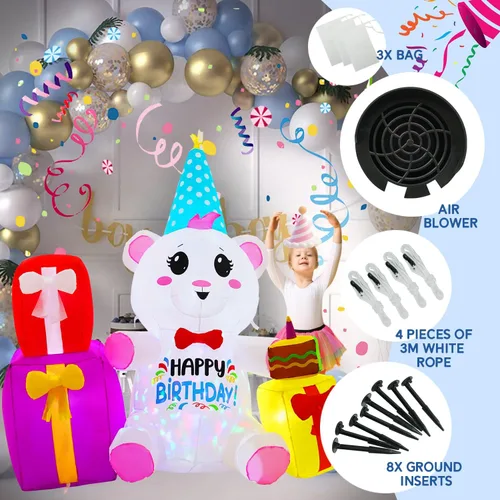Vista 5 de Caja de regalo de cumpleaños inflable de 6 pies con oso, luces LED incorporadas y luces giratorias de colores, decoración inflable de feliz