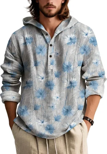 Vista 9 de Sudadera con capucha con estampado bohemio para hombre, de otoño, a la moda, con un cuarto de botón, manga larga, holgada, con capucha, de gran