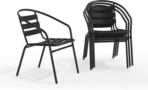 Vista 3 de EMMA + OLIVER Paquete de 4 sillas apilables de metal negro con respaldo curvado y listones de aluminio