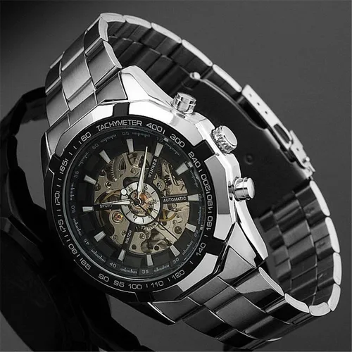 Vista 2 de MASTOP Big Dial Relojes de lujo para hombre Esqueleto Impermeable Luminoso Reloj Automático Plata, plateado, Japonés