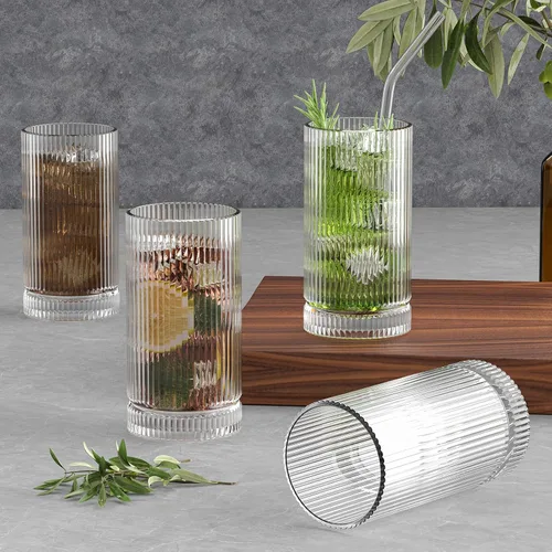 Vista 3 de CWHHRN Vasos de vidrio de 15 onzas con pajitas, cristalería vintage para whisky, cóctel, cerveza, tazas de café helado y vasos para beber