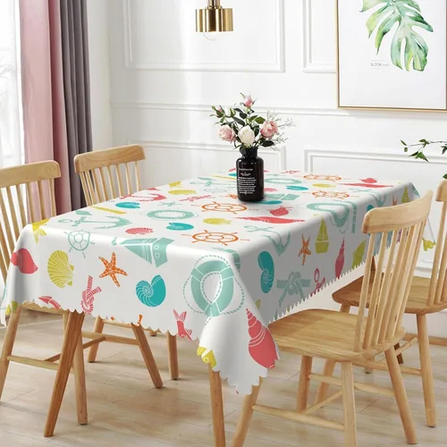 Vista 22 de Mantel oblongo, diseño de playa de 52 x 70 pulgadas, diseño de playa con estrellas de mar y olas de mar, con decoración impermeable y resistente a