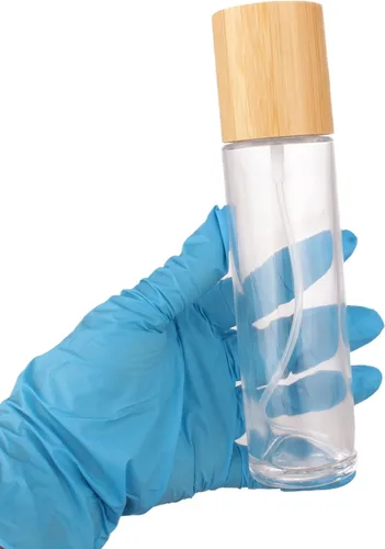 Vista 3 de COSIDEA Botella de spray de vidrio transparente con tapa de bambú vacía de 4 oz/4.1 fl oz con cabezal de despenser de niebla fina para recipientes