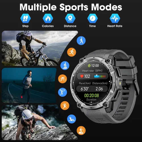 Vista 8 de Reloj inteligente militar para hombre con GPS, llamada Bluetooth AMOLED de 1.43 pulgadas, linterna LED, reloj táctico resistente para Android iOS