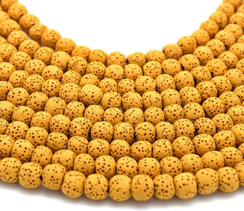 Vista 4 de Cuentas de lava redondas de color amarillo mostaza de 0.551 in para fabricación de joyas y aromaterapia