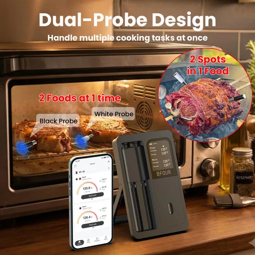 Vista 4 de BFOUR Termómetro digital inalámbrico para carne con 2 sondas impermeables mejoradas, termómetro Bluetooth para barbacoa inalámbrico con pantalla