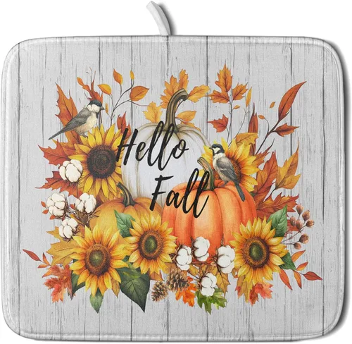 Vista 66 de Tapete de Secado de Platos de Florero de Girasoles Otoñales para Encimera de Cocina, Tapete de Secado de Hojas de Arce y Calabaza Otoñal de 16 x 18