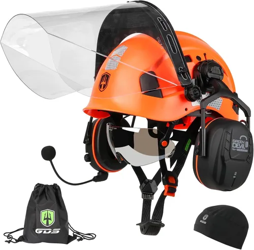 Vista 8 de Casco de seguridad para motosierra forestal GREEN DEVIL con orejeras Bluetooth Casco de arborista Casco duro con visera incorporada Protector facial