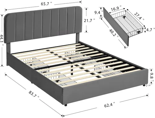 Vista 2 de VECELO - Queen Size Upholstered Bed Frame with 4 Drawers and Adjustable Headboard, Velvet Storage Platform Bed Frame, Mattress Foundation, Wood Slat