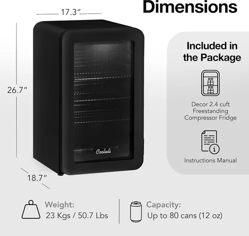 Vista 6 de Cooluli Decor - Mini refrigerador compacto de 2.4 pies cúbicos con puerta de vidrio - Pequeño refrigerador para dormitorio, oficina, residencia