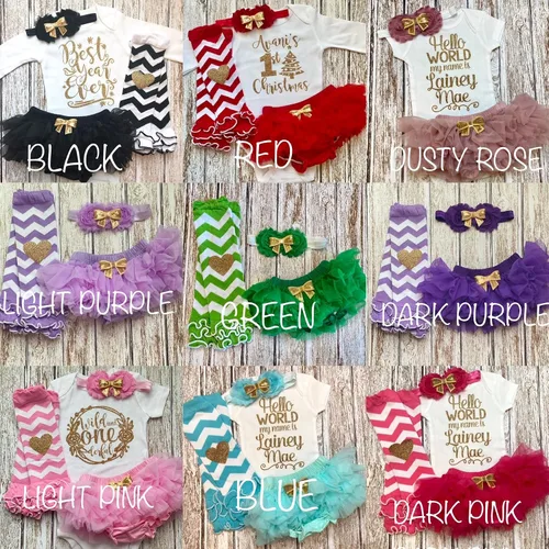 Vista 8 de Regalo personalizado para el Día del Padre, traje de bebé niña con nombre personalizado rosa y dorado opcional tutú Bloomers diadema y calentadores
