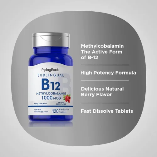 Vista 4 de Piping Rock Vitamina B12 1000 mcg Sublingual 120 tabletas como metilcobalamina Sabor a bayas Vegetariano, sin OMG, suplemento sin gluten