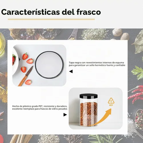 Vista 3 de SLifeJars Tarros de plástico transparente de 32 onzas, paquete de 12 recipientes grandes redondos de plástico PET con tapas negras de rosca, tarros