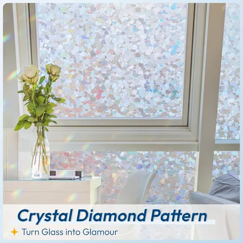 Vista 31 de rabbitgoo - Película de privacidad para ventanas con diseño de arco iris y vidrio manchado, patrón de diamante, calcomanía no adhesiva con tinte