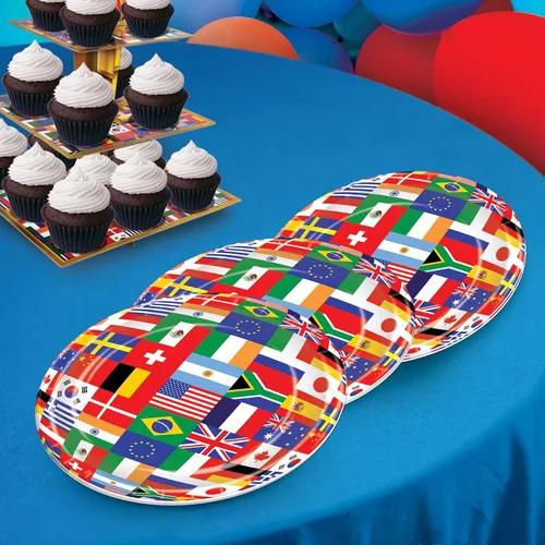 Vista 5 de Beistle 8 piezas de papel desechable y duradero, banderas del mundo internacional, platos de viaje temáticos para fiestas, 9 pulgadas, multicolor