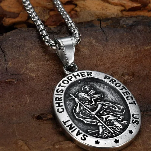 Vista 3 de Jude Jewelers Collar retro vintage de acero inoxidable con colgante religioso de San Cristóbal Protect Us Santa Cruz, Metal, Circonia cúbica