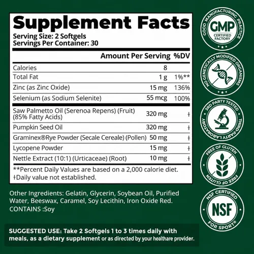 Vista 9 de Suplemento para la salud de la próstata de Saw Palmetto 6 en 1 para hombres mayores de 40 años, 320 mg de grado farmacéutico con Graminex, aceite