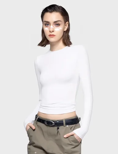 Vista 4 de PUMIEY Camisetas de manga larga para mujer, cuello redondo, ajustadas, sexy, básica, colección Smoke Cloud Pro