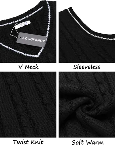 Vista 5 de COOFANDY Suéter para hombre, cuello en V, ajustado, casual, sin mangas, tejido trenzado