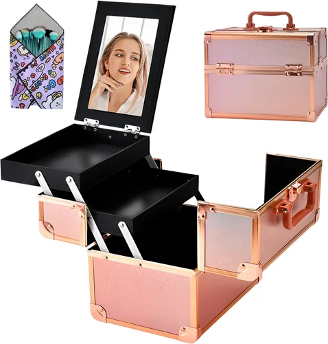 Vista 10 de Neceser de Tren de Maquillaje, Estuche de Maquillaje Portátil con Espejo, Organizador de Cosméticos de 2 Bandejas, Organizador de Esmalte de Uñas