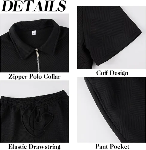 Vista 5 de Aulemen Conjunto deportivo de 2 piezas con cremallera para hombre, manga corta, camiseta polo y pantalones cortos, conjuntos de verano para hombre