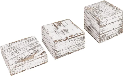 Vista 4 de MOOCA Juego de elevadores de madera personalizables, 3 soportes de altura diferentes para joyas, relojes, cosméticos y accesorios, color blanco