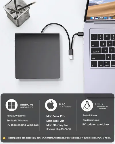 Vista 5 de ROOFULL - Unidad externa de CD y DVD para portátil USB 3.0 Tipo-C, ultra delgada