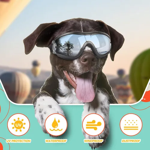 Vista 4 de Gafas de sol para perros de razas grandes, juego de 2 piezas de protección UV negra y transparente, resistente al viento para perros medianos a