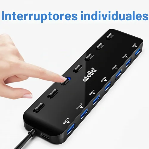 Vista 5 de atolla Divisor de concentrador USB 3.0 de 7 puertos, extensor USB Ultra Slim Data USB Hub con interruptor de alimentación individual y LED