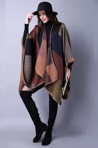 Vista 6 de Chal de punto para mujer a cuadros con parte delantera abierta tipo poncho tipo capa envolvente