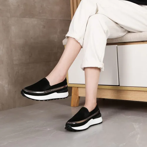 Vista 2 de Ruiatoo Zapatos de plataforma para mujer, cómodos mocasines de gamuza sin cordones, mocasines de cuña casuales