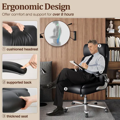 Vista 4 de Silla de oficina ejecutiva, silla de escritorio ergonómica, silla de computadora cómoda resistente de 500 libras con soporte lumbar ajustable