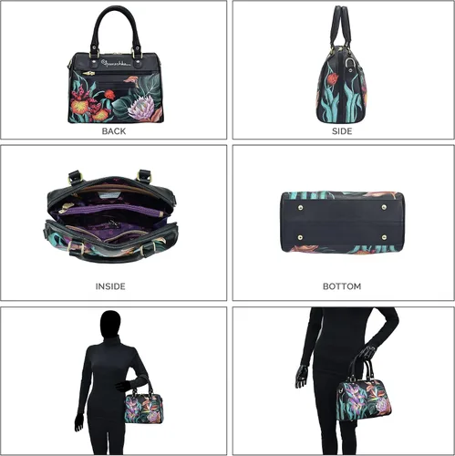 Vista 5 de Anuschka Mujer Pintado A Mano Cuero Genuino Cremallera Alrededor Clásico Satchel - Island Escape Negro, Island Escape Negro, Cremallera Alrededor