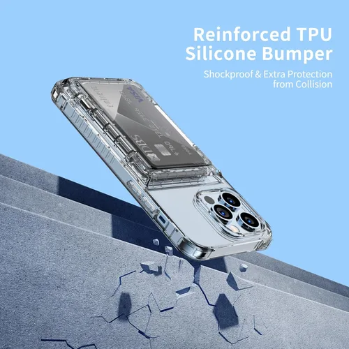 Vista 4 de ACANDYA Funda protectora transparente para iPhone 13 Pro con tarjetero de crédito, protección resistente, a prueba de golpes, antiarañazos