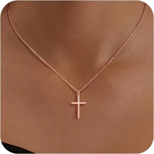 Vista 55 de Collar de cruz para mujeres y niñas, delicado chapado en oro de 14 quilates, gargantilla con dije de cruz que no se deslustra, impermeable, moderno