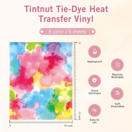 Vista 2 de Tintnut Vinilo de transferencia de calor Tie Dye, 8 hojas de 10 x 12 pulgadas, multicolor acuarela arco iris, vinilo para planchar para regalos