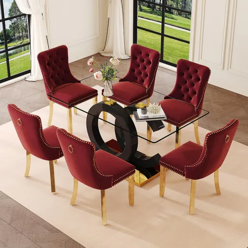 Vista 9 de Ebullient 63" Modern Glass Dining Table Set for 4, Black & Gold 5-Piece Set Glass Table & Beige Chairs