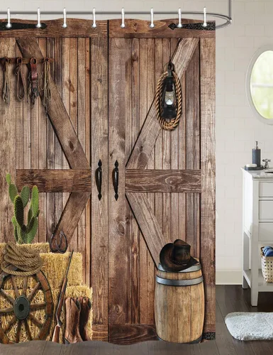 Vista 5 de Cortina de ducha de puerta de granero de madera rústica, 60 x 70 pulgadas, beige