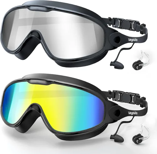 Vista 13 de VegoVia Gafas de natación para adultos, 2 unidades, antiempañamiento, vista amplia de 180°, protección UV, para piscina, para adultos, jóvenes