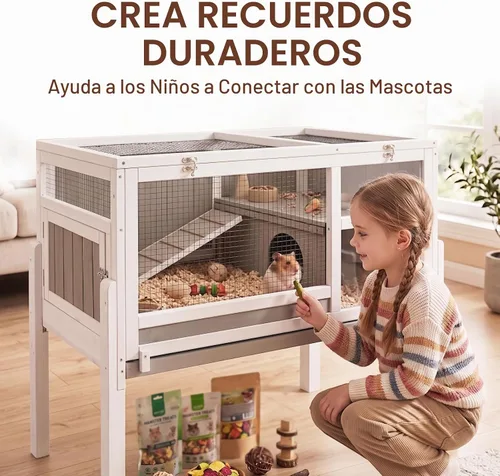 Vista 2 de Jaula grande de madera para conejillos de indias con 4 patas desmontables